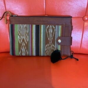 Nena & Co. Brown Leather Wristlet with Multicolor Woven Panel